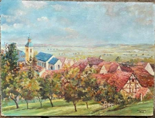 Oil Painting Church And Timber-Frame South German Antik ° Village Commune