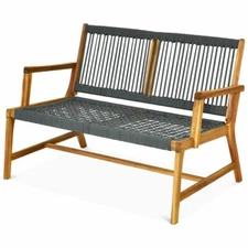 Patio 2-Person Acacia Wood Bench Loveseat Chair Garden Balcony Furniture Black
