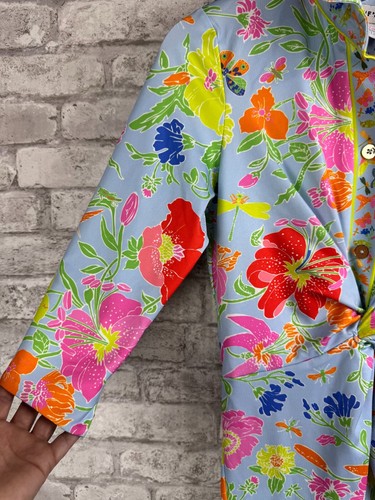 Gretchen Scott Dress XS Periwinkle Floral Twist & Shout Birds Bees Button Front - Picture 4 of 20