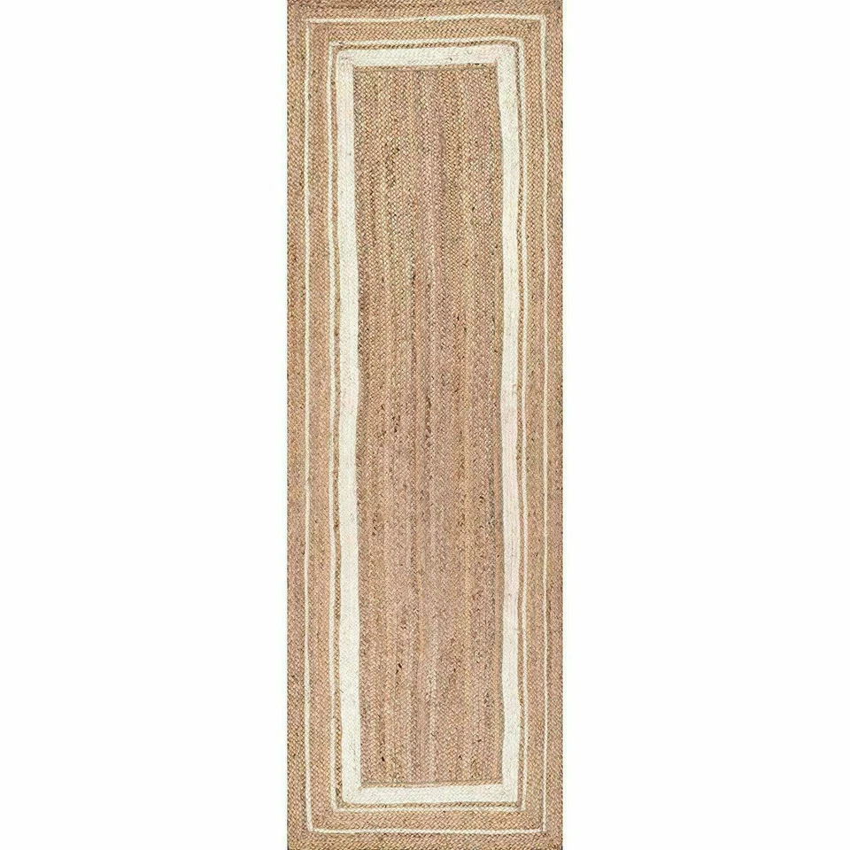 Runner Carpet Natural Jute Beige with White Hand Braided Rug for Hallway - Image 2 of 4