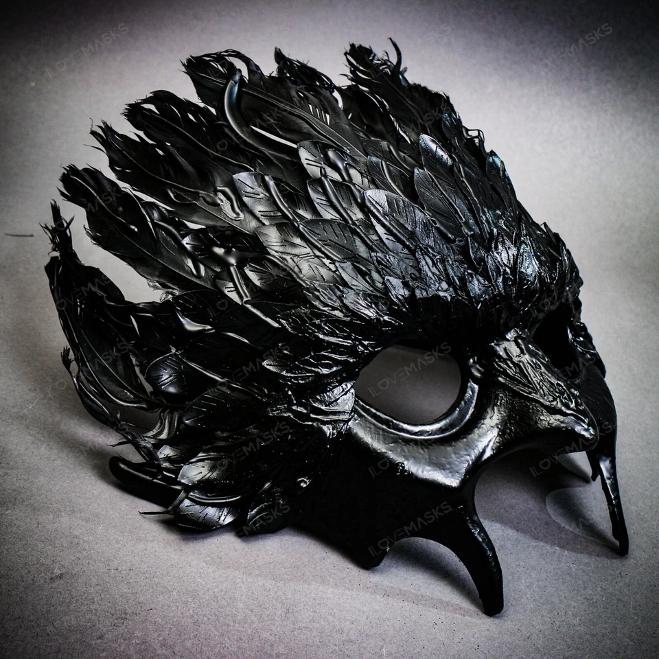 Dark Raven Demon Masquerade Mask with Black Feather Crown and Gothic Beak - Image 3 of 4
