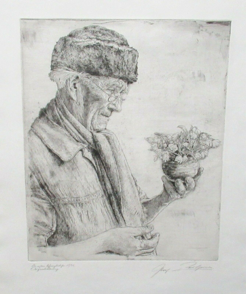 PAUL GEISSLER OLD MAN WITH FLOWERS ORIGINAL HAND SIGNED ETCHING