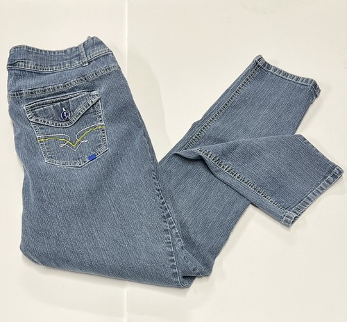 Leemo USA Jeans Womens Sz 20 Blue Denim Spandex Yellow White Accents Zip Closure