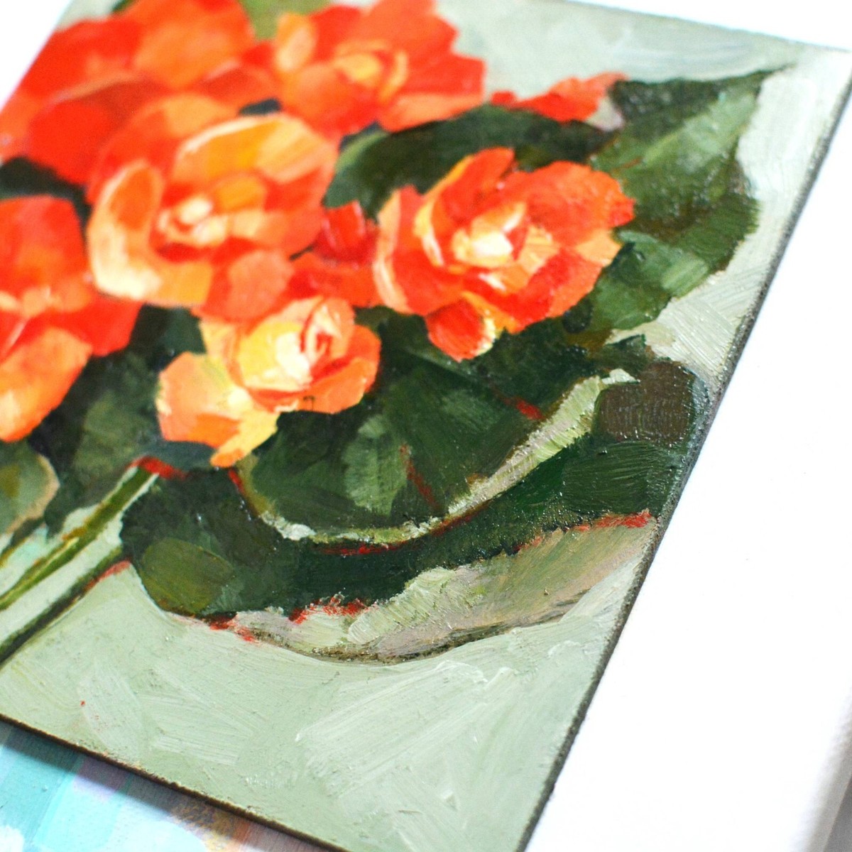 Begonia Original Oil Painting 6''x6'' Orange Flower Still Life