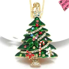 Betsey Johnson Green Christmas Tree Crystal  Pendant Necklace Christmas bag