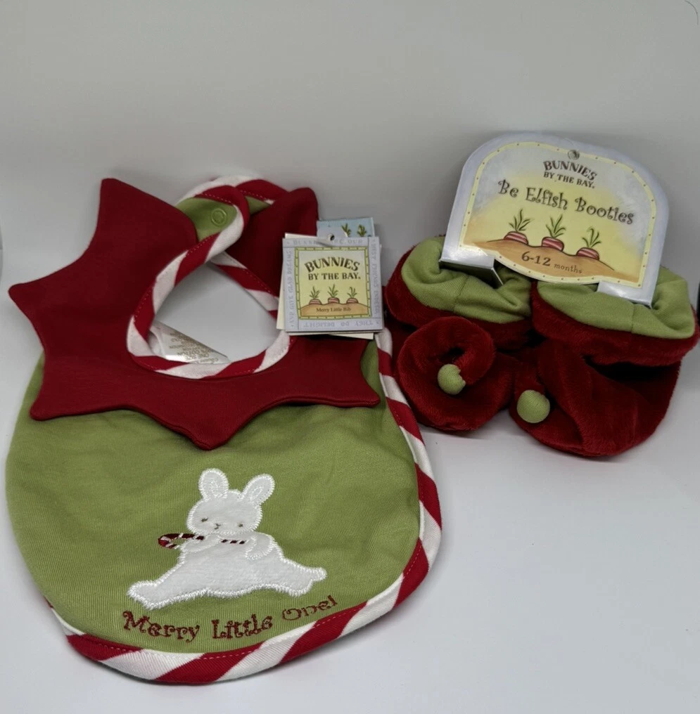 Bunnies By The Bay Merry Little One Bib And Be Elfish Booties 6-12 Months.
