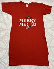 Vtg 80s JERZEES Sz S Sleep Shirt “Merry Me” Red Christmas Holly Candy USA Made