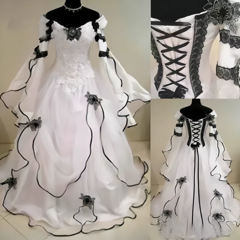 Viktorianisches gotisches Schwarzweiss-Hochzeitskleid Puffärmel Organza Country - Bild 3 von 4
