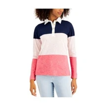 Style & Co Womens M Pink Blue Striped Collared Button Up Top NWTL79