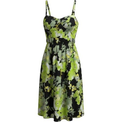 DKNY Structured Bodice Lime Green Black Abstract Floral Midi Dress Sz 10