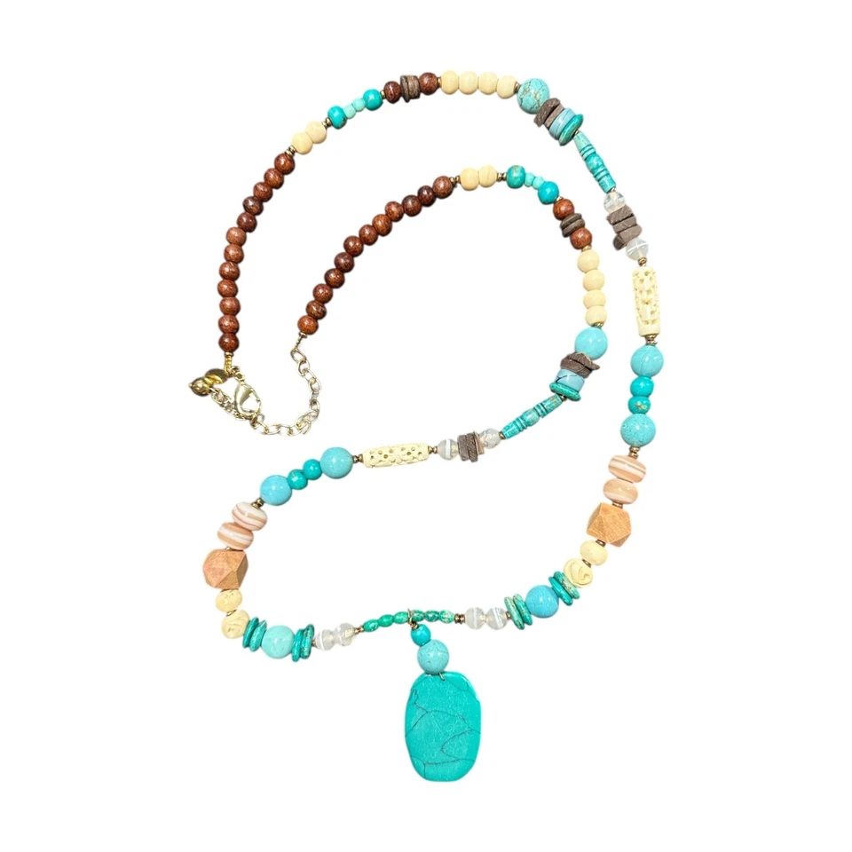 Collar Largo CHICO'S Tono Dorado Imitación Turquesa Cuentas C464 Foto 2 de 4