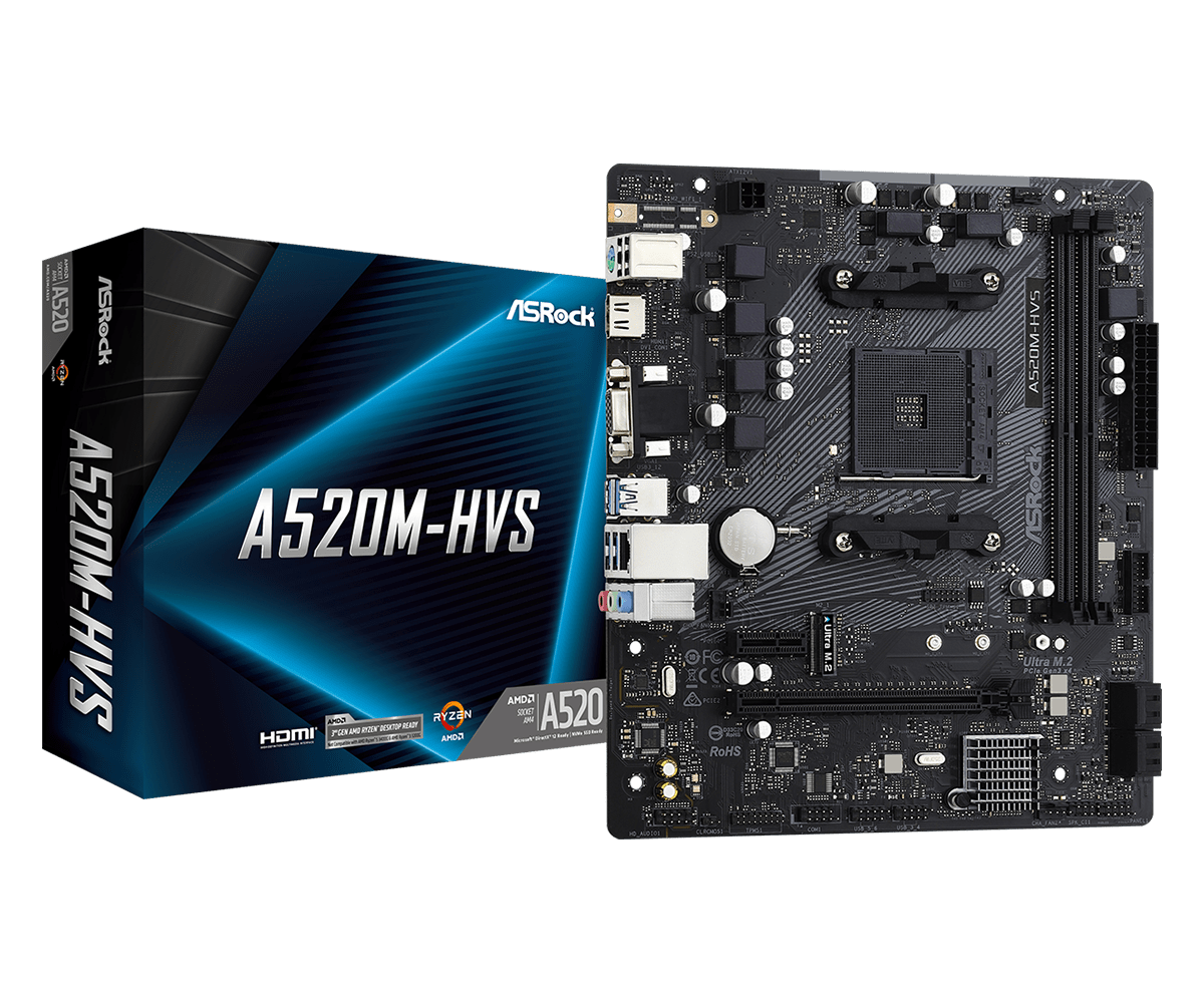 Asrock A520M-HVS, AMD A520, AM4, Micro ATX, 2 DDR4, VGA, HDMI, M.2
