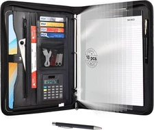 Leather Portfolio 3 Ring Binder Organizer Zippered Padfolio with Notepad