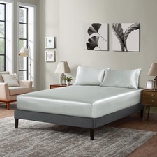P Pothuiny Satin Fitted Sheet Queen Silver Grey Single Mattress Cover Only ...