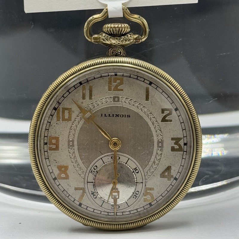 1929 Illinois 21J 12 Size Pocket Watch 3 Pos Double Roller Runs Deco Hands
