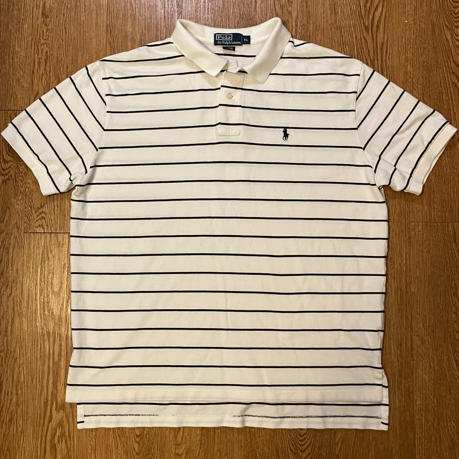 VTG 90s Polo Ralph Lauren Striped Mesh Polo Shirt White Black Pony XL Vintage