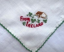 VINTAGE HANKY IRISH LINEN 1940s EMBROIDERED CROCHET EDGE SOUVENIR "FROM IRELAND"