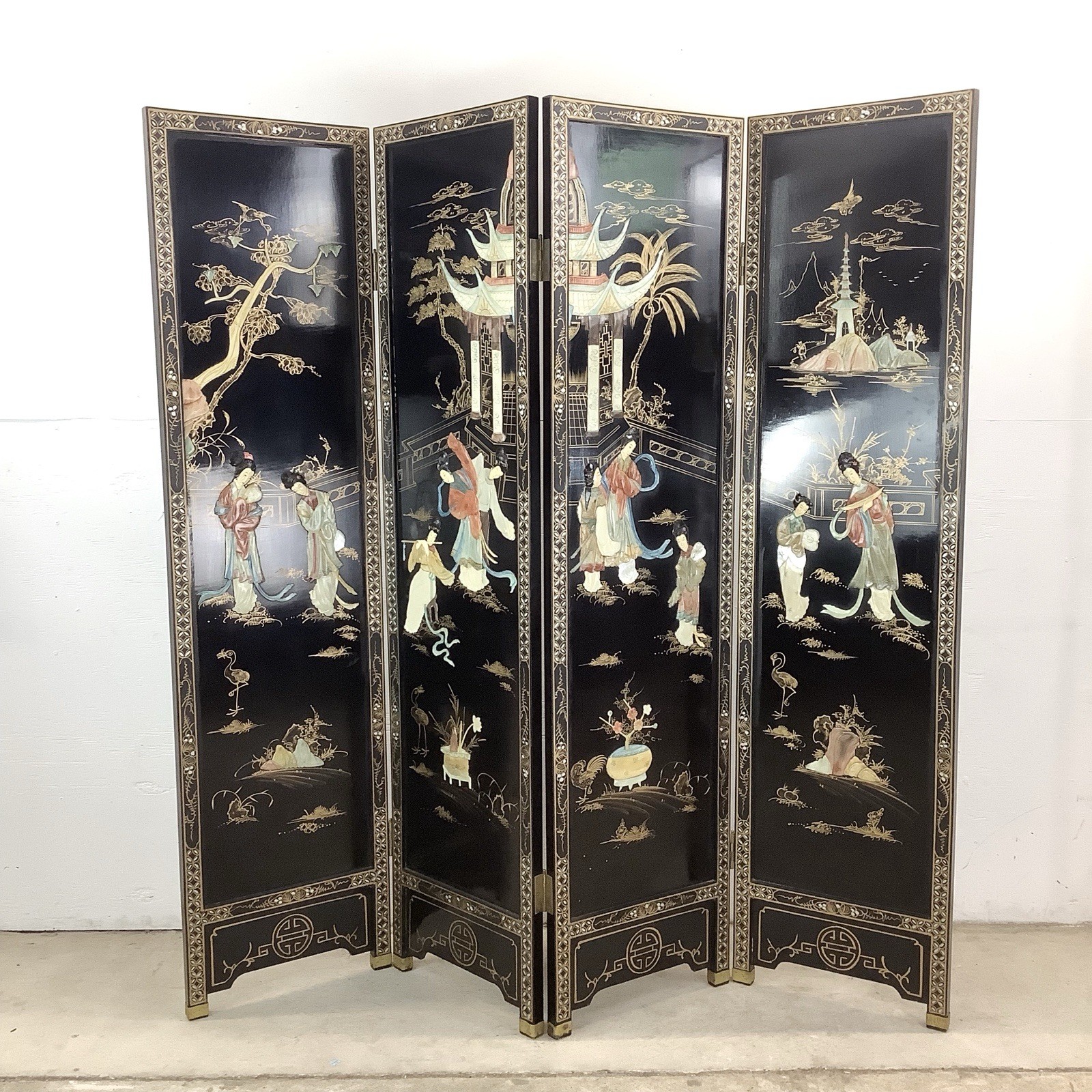 Vintage Black Lacquer Chinoiserie Folding Screen