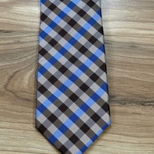 Bruno Piattelli Men  s Silk Tie 3 3/8  Plaid Blue Brown China