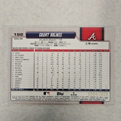 Topps Grant Holmes Atlanta Braves Serial Numbered #182 /2026 2026 Series 1