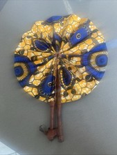 Hand Fan African Kente Ankara Fabric Print Leather Handle Handmade Authentic