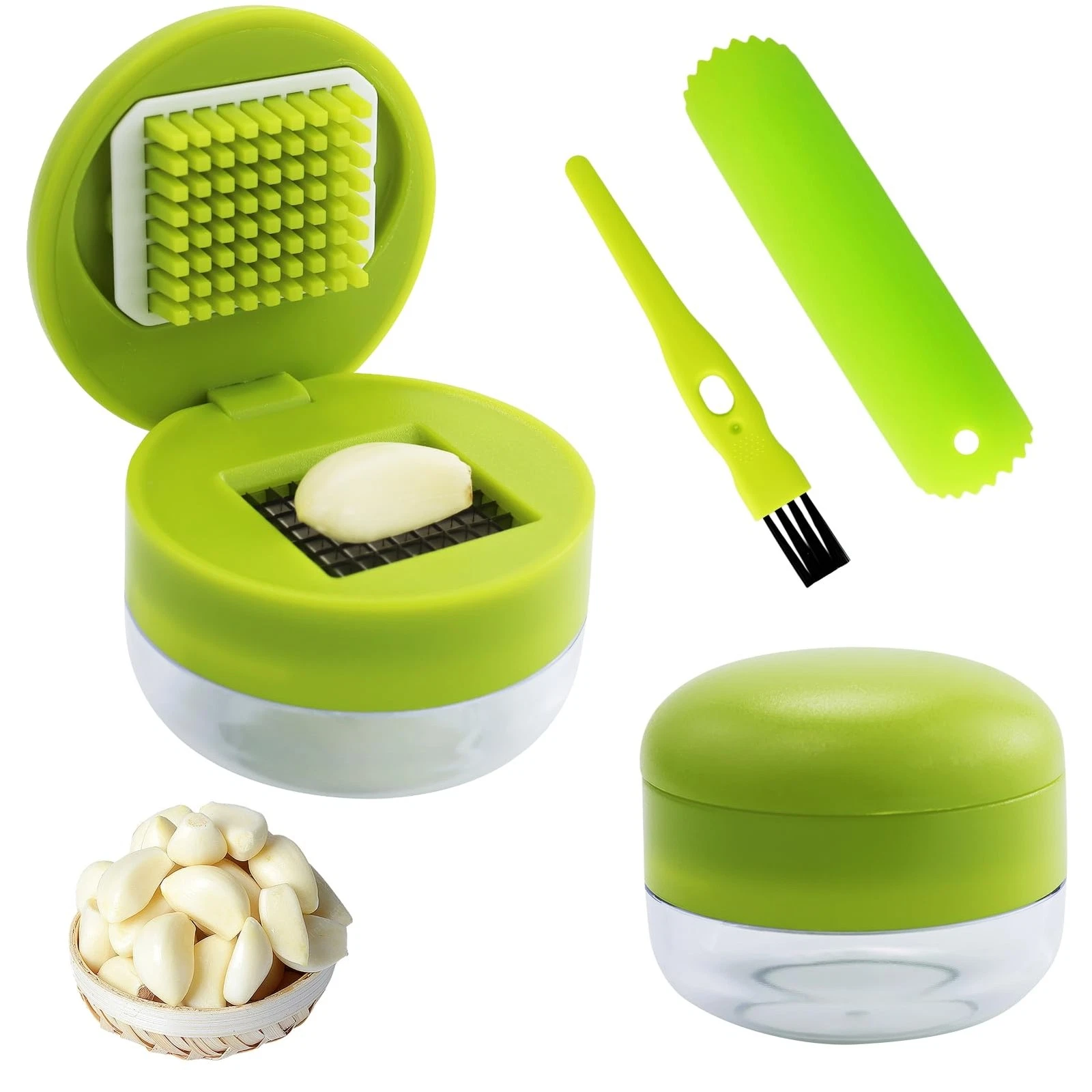 Garlic Press Set, 2 Garlic Cutters, with Silicone Garlic Peeler and R...
