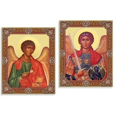 Set 2 Archangel Michael Raphael Gold Foil Wood Icons 7.5" Wall Stand