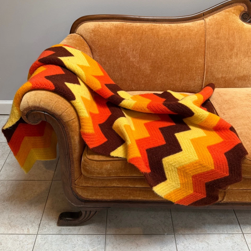 Manta afgana de ganchillo retro hecha a mano naranja amarillo marrón tiro 31x53 vintage Foto 2 de 4