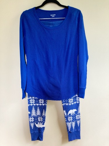 Blue and White Thermal Ski PJ Set Bear Print Pajamas Old Navy Women's Size M - Picture 2 of 8