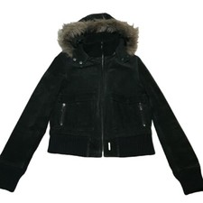 Ben Sherman Real Leather Parka Jacket Size 10 Woman Black Crop Coat Pockets Hood