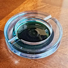 Ashtray Green Clear Round Glass Two Cigarette Holders Vintage See All Photos