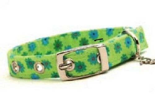 Dixie Digs Fabric Dog Collar Lime Green Blossom -Cotton & Acrylic Free Charm - Afbeelding 1 van 4