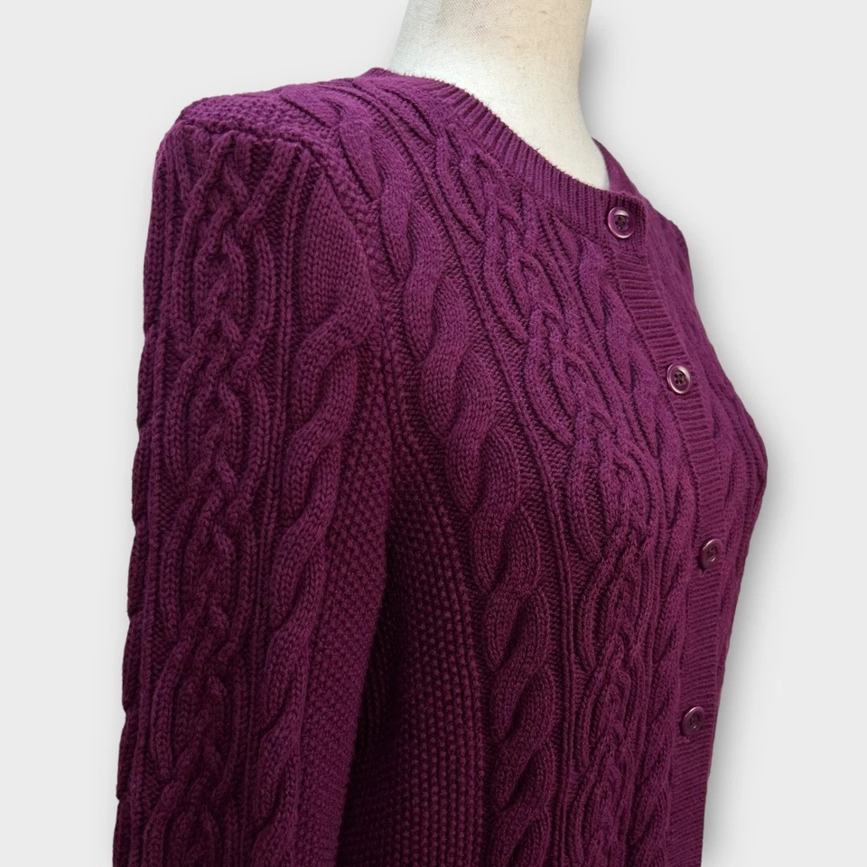 Cárdigan grueso tejido con cable Talbots para mujer suéter botón ciruela pescador cabina M Foto 2 de 4