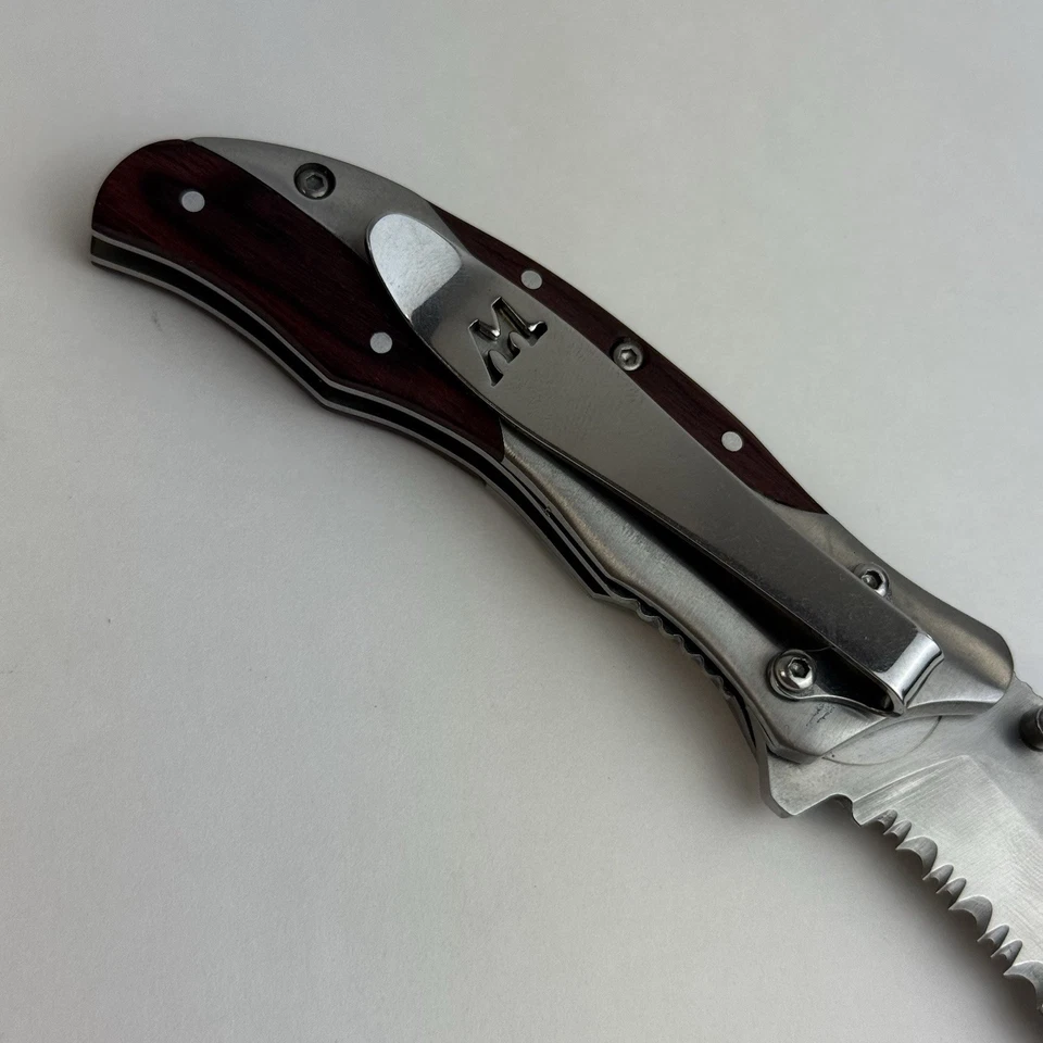 Cuchillos Winchester vintage de 3 pulgadas Cuchillo plegable dentado con clip de madera de acero inoxidable Foto 4 de 4