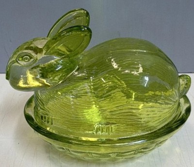 Unmarked Green Glass Rabbit Oval Covered Bowl w/ Lid  2Piece Vintage