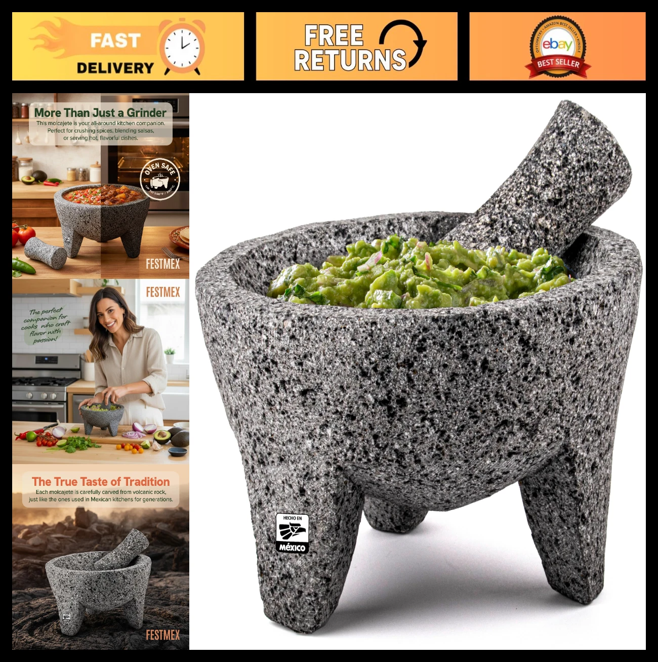 Handmade Mexican Mortar and Pestle Set - 8" Molcajete for Salsa, Guacamole & Coo