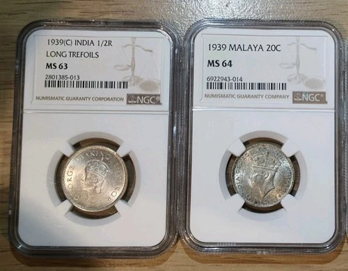 1939 India British (C) Half Rupee Long Trefoils MS 63 Malaya 20 Cents MS 64 NGC
