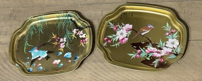 2 Vintage Elite Tin Trays Gold with Birds 7.5x6.25 England