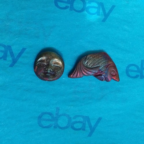2 Handcrafted Raku Pottery Beads, Fish and Face, Iridescent, Drilled, Pre-owned