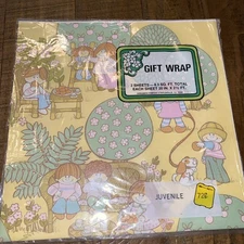 Vintage 70’s Gift Wrap 2 Sheets Children Dog Cookies Flowers Soft Colors Sealed