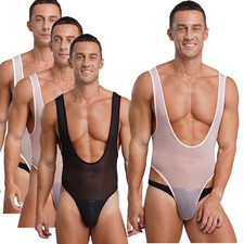 Men Unitard Disco Bodysuit Silky Jumpsuit Dance Leotard Opening Sheath Romper