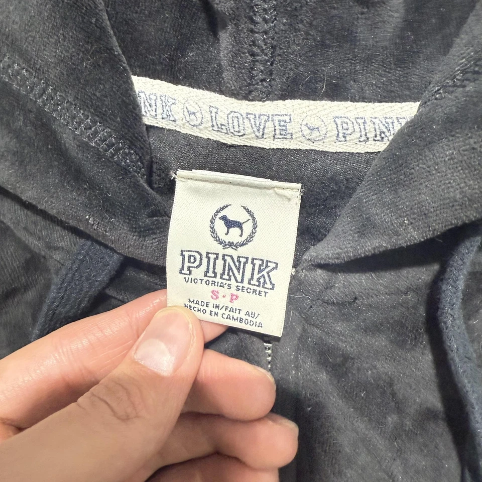 Victoria's Secret ROSA Sudadera con Capucha Mujer Pequeña Negra Terciopelo Cremallera Chaqueta Perro Logo Foto 2 de 4