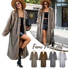 S-3XL Women's Autumn Winter Warm Faux Fur Coat Long V-Neck Plush Outerwear NEW