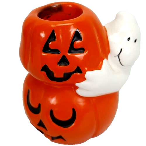AGC Halloween Ghost Pumpkin Jack O Lantern Candlestick Candle Holder Ceramic Vtg