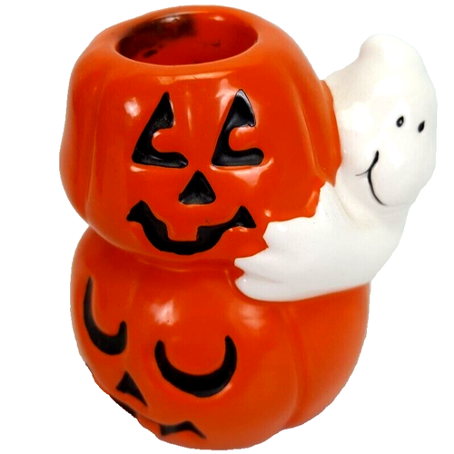 AGC Halloween Ghost Pumpkin Jack-o-Lantern Candlestick Candle Holder Ceramic - Picture 1 of 7