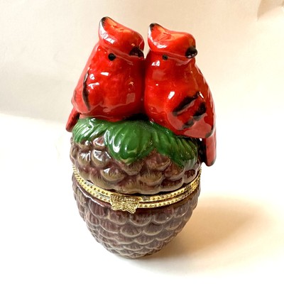 Ceramic Trinket Box Two Red Cardinals