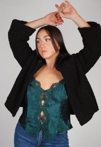 50s Astrakhan Fur Jacket (L) vintage black swing coat mink fur collar women lamb