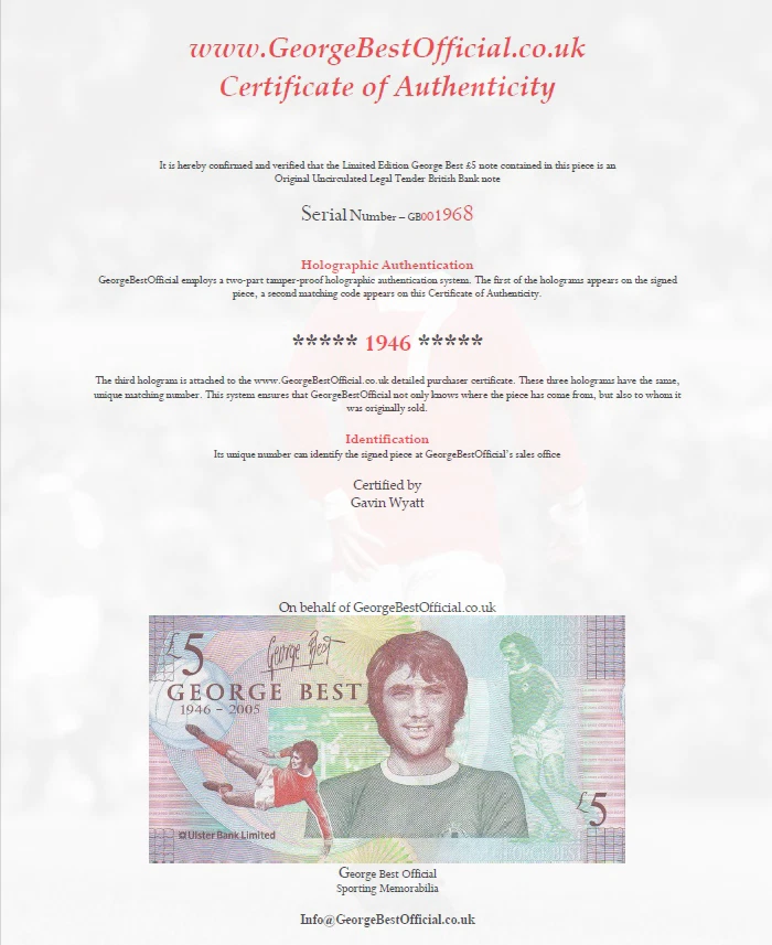 GEORGE BEST NORTHERN IRELAND LIMITED EDITION FRAMED £5 POUND NOTE FIVER - Image 2 of 4