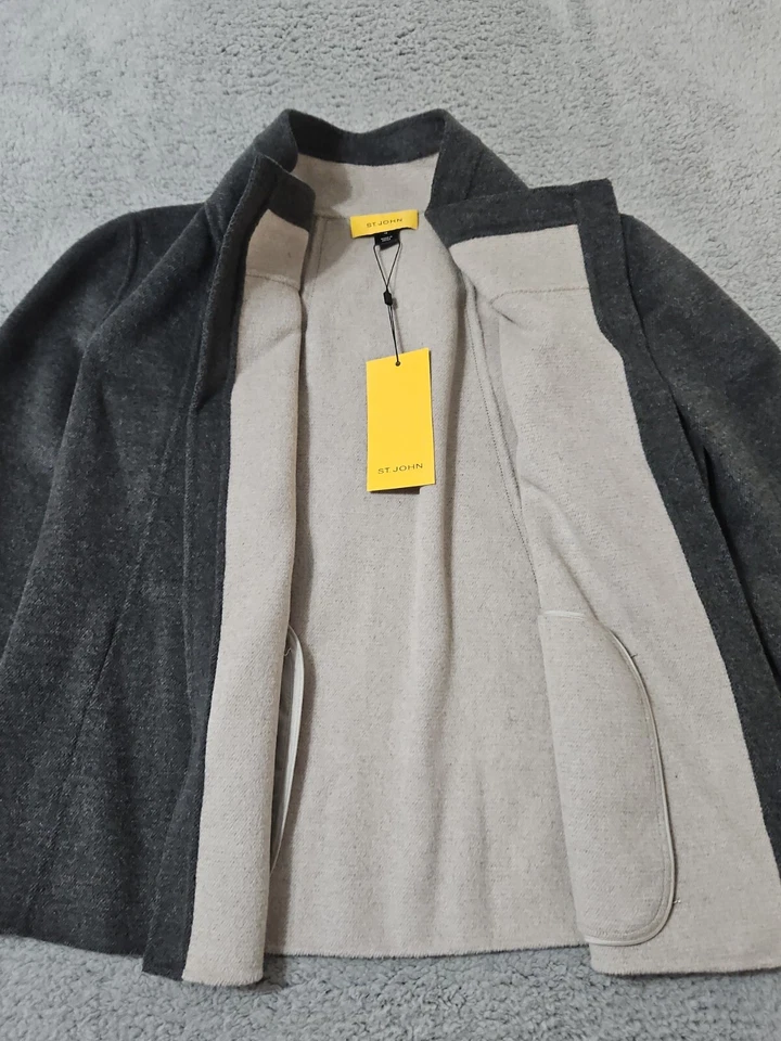 St. John Yellow Tag Gray Open Coat Jacket Angora Wool Cashmere Size 10 NWT $695 - Image 2 of 4
