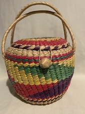 Round Multi-Color Handmade Locking Lid Basket with Handle Wicker Rattan Woven